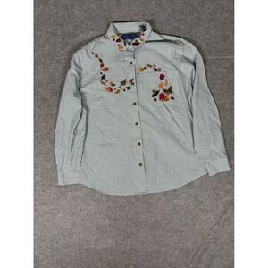 Karen Scott II 2X Green White Striped Fall Leaf Butterfly‎ Embroidered Shirt